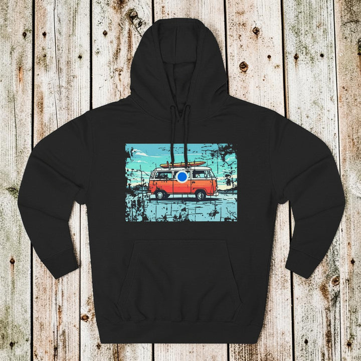 Retro Beach Summer Surf Van Fleece Hoodie charcoal heather on faded driftwood planks