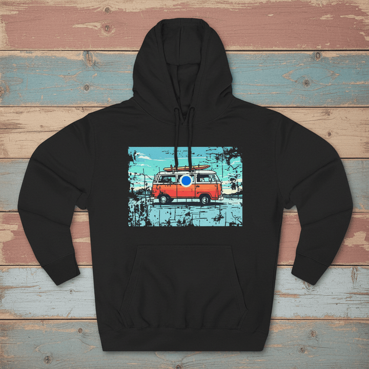Retro Beach Summer Surf Van Fleece Hoodie charcoal heather on faded driftwood planks