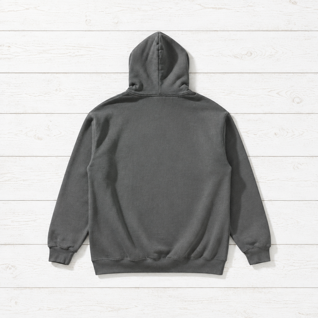 Grey Surf Club II hoodie back flat lay on whitewashed boards
