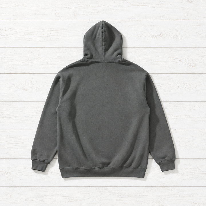 Grey Surf Club II hoodie back flat lay on whitewashed boards