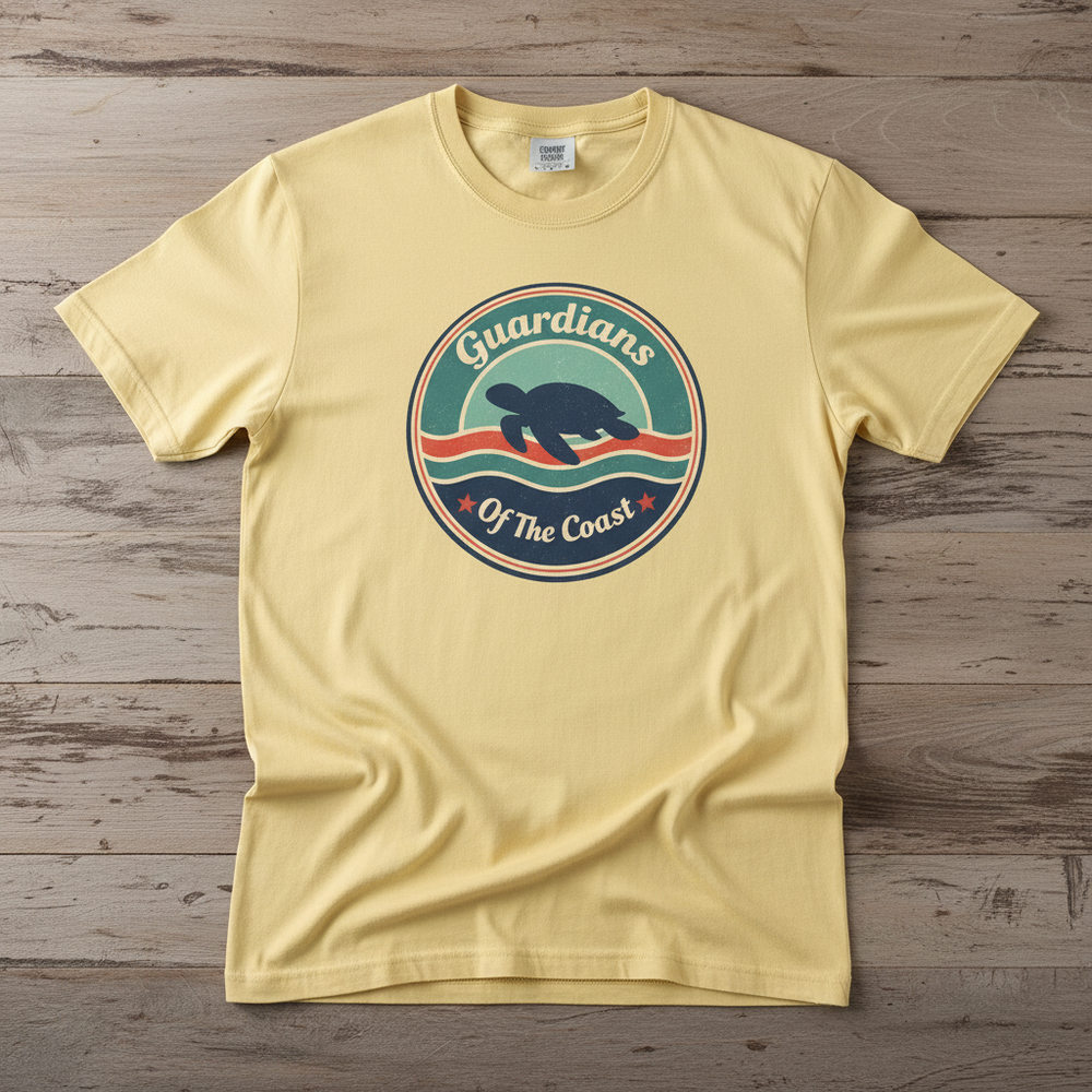 Sea Turtle Guardians of the Coast banana garment-dyed tee on faded driftwood planks