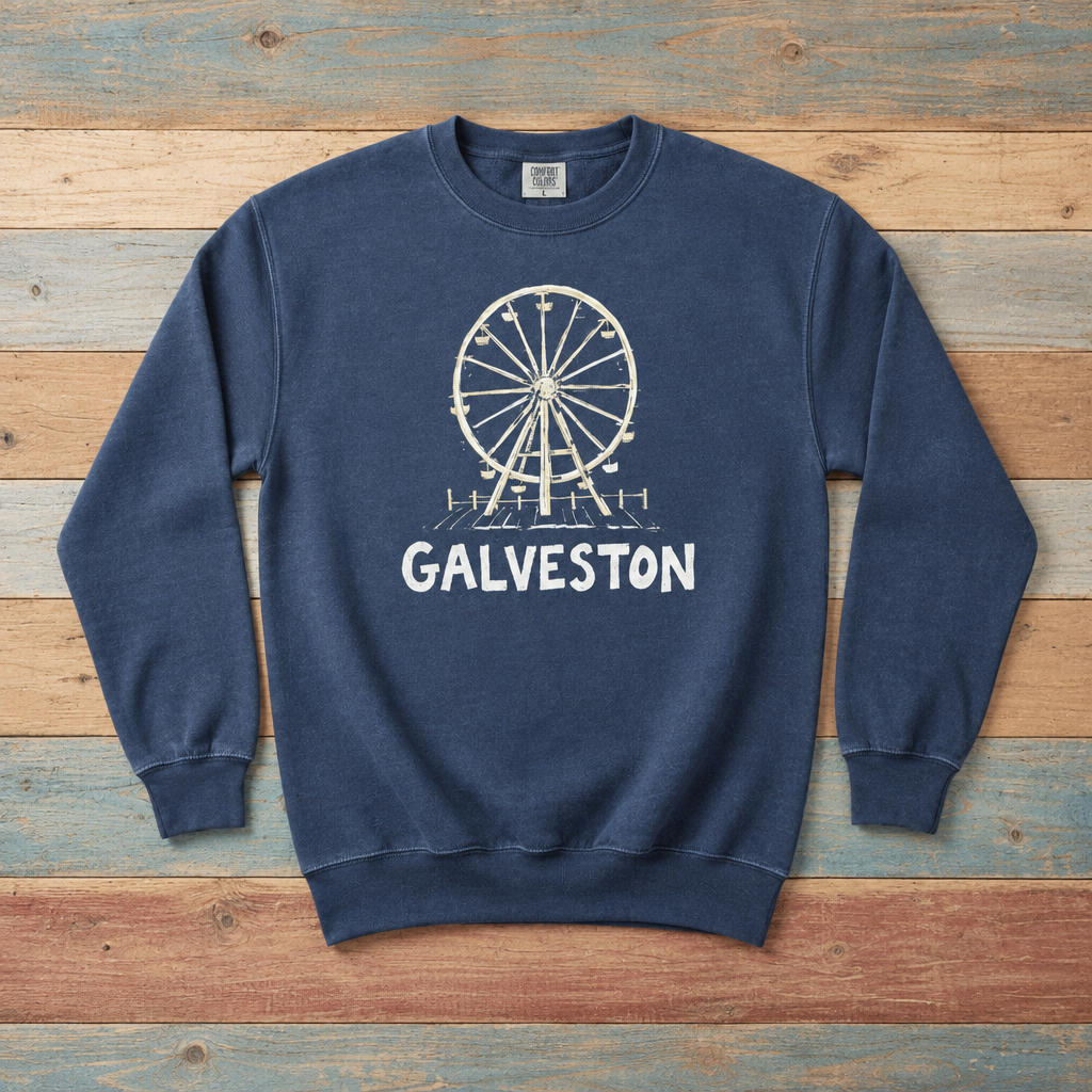 Denim Galveston sweatshirt front with Ferris wheel and Galveston lettering on weathered driftwood boards