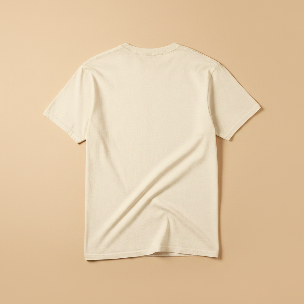 Salt Rooted Vinyl Record Tee in Ivory — plain back, warm sand studio background