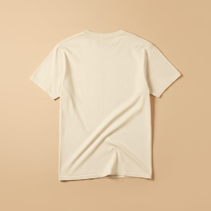 Salt Rooted Vinyl Record Tee in Ivory — plain back, warm sand studio background