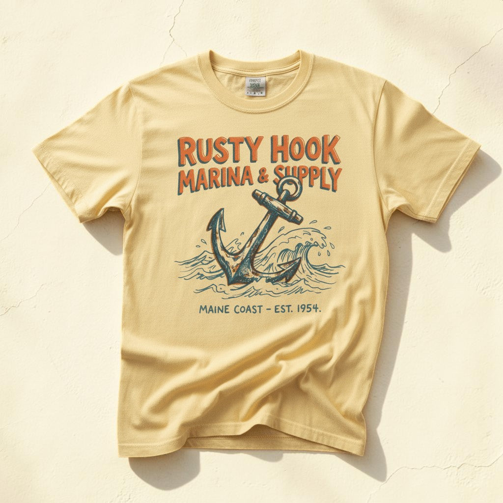 Rusty Hook Marina and Supply vintage anchor graphic t-shirt in Banana yellow casually tossed on a light sand-colored woven rug, coastal lifestyle product photo