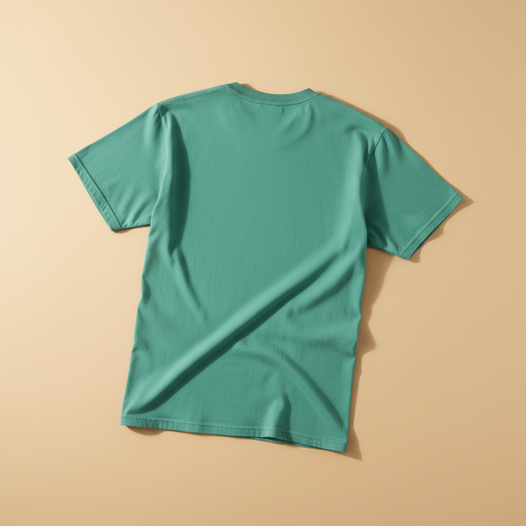 NOMAD Tee in Island Green — plain back, warm sand studio background
