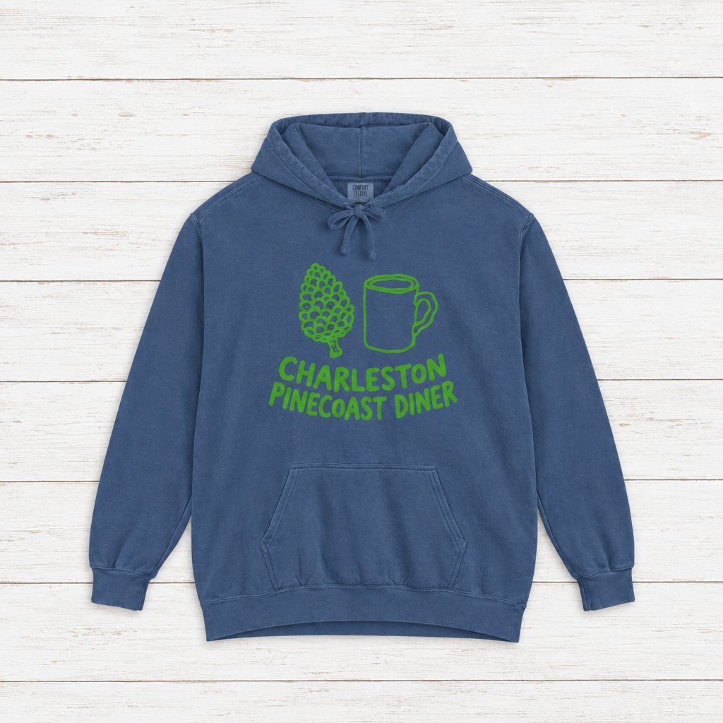 Pinecoast Diner hoodie flat lay on whitewashed boards