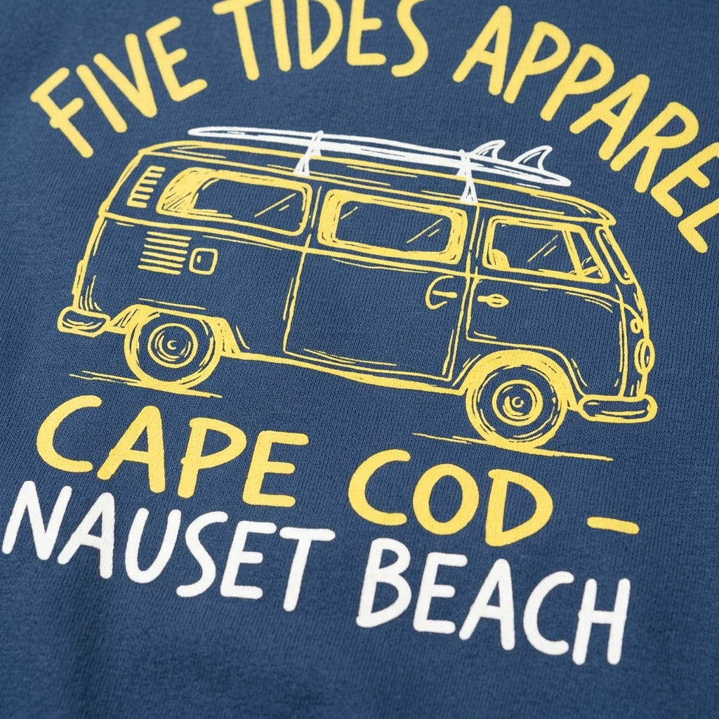 Cape Cod Nauset Beach navy hoodie yellow van and white lettering graphic close-up