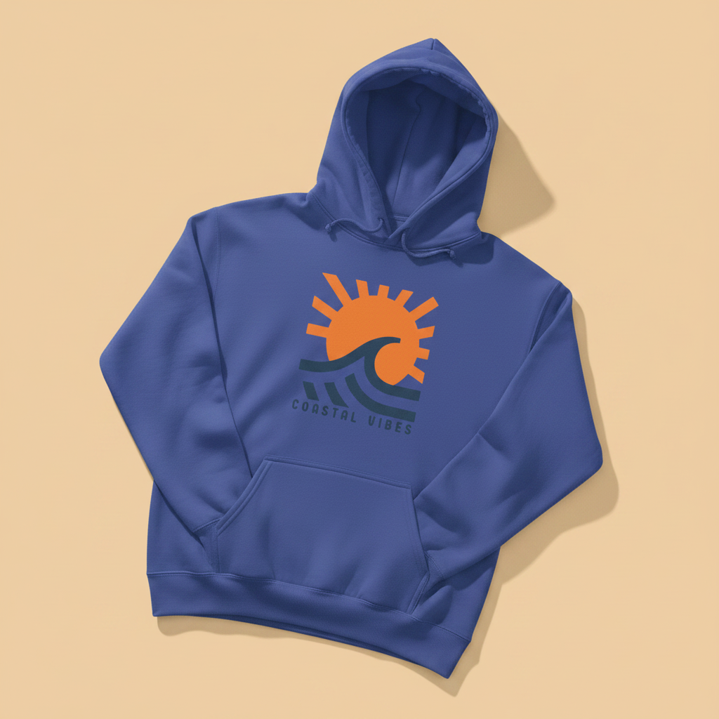 Coastal Vibes Hoodie in Flo Blue — front graphic, warm sand studio background