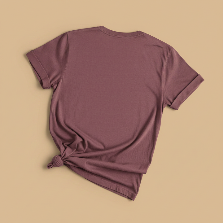 Catch the Thrill Tee in Brick/Mauve — plain back, warm sand studio background