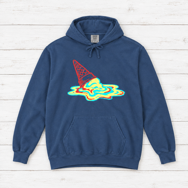 True Navy Melting Ice Cream Cone hoodie front flat lay on whitewashed boards