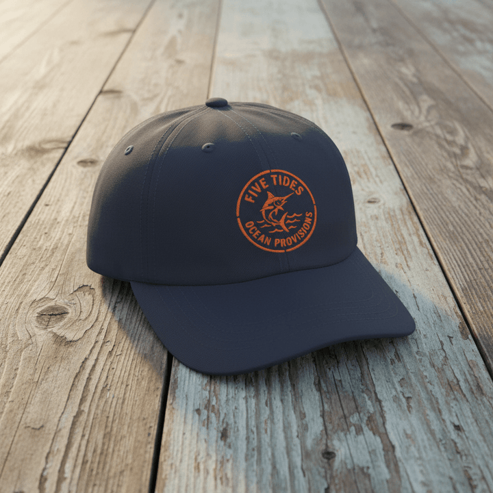 Five Tides Fisherman navy embroidered dad cap on rustic reclaimed wood