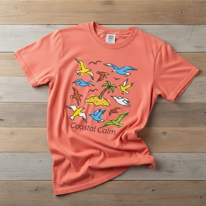 Coastal Calm Sea Birds Take Flight bright salmon garment-dyed tee on faded driftwood planks