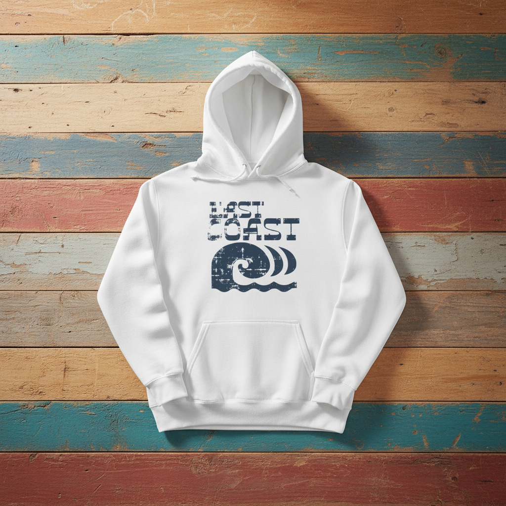 East Coast Waves Garment-Dyed Hoodie white on faded driftwood planks