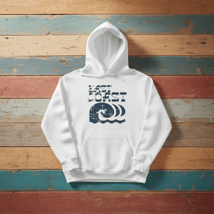 East Coast Waves Garment-Dyed Hoodie white on faded driftwood planks