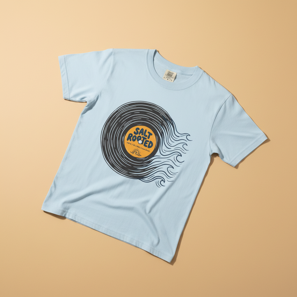 Salt Rooted Vinyl Record Tee in Chambray Blue — front graphic, warm sand studio background