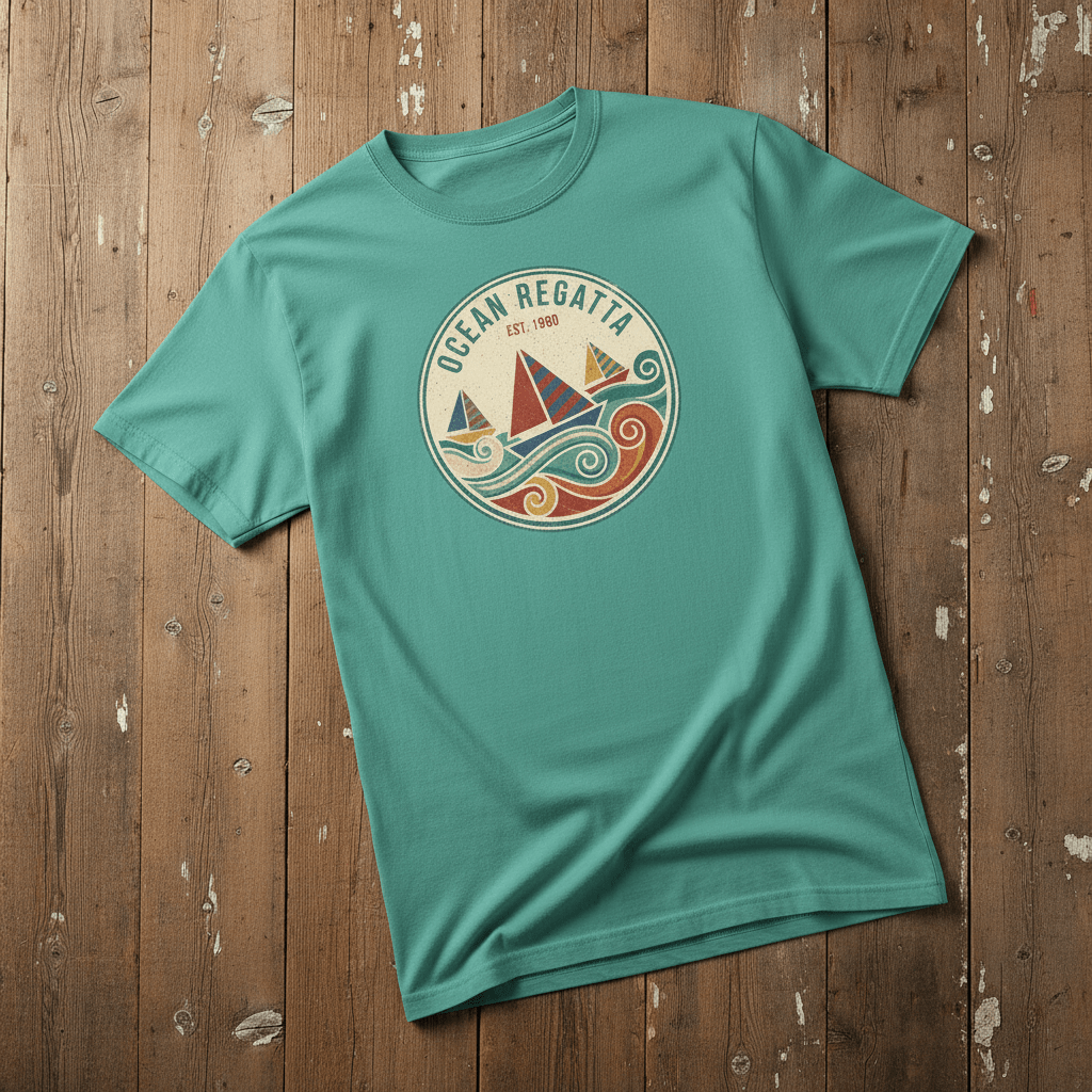 Vintage Sailboat Regatta seafoam garment-dyed tee casually tousled on rustic reclaimed wood