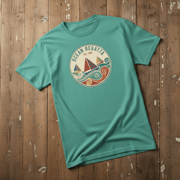 Vintage Sailboat Regatta seafoam garment-dyed tee casually tousled on rustic reclaimed wood