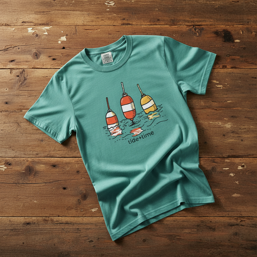 Tide + Time Beach Buoy seafoam garment-dyed tee casually tousled on rustic reclaimed wood