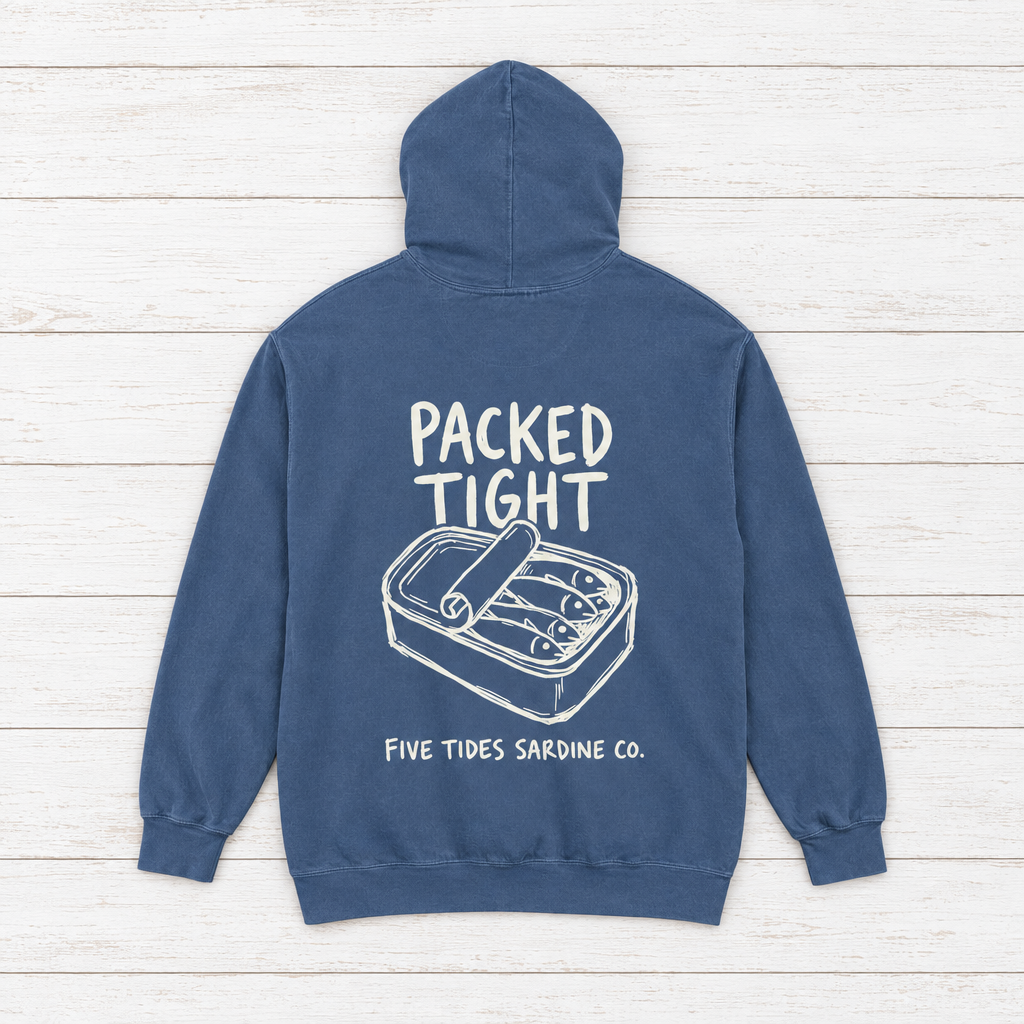 Five Tides Sardine Co. hoodie flat lay on whitewashed boards