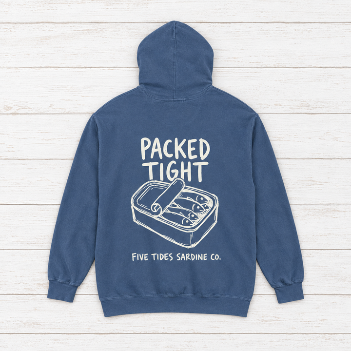 Five Tides Sardine Co. hoodie flat lay on whitewashed boards