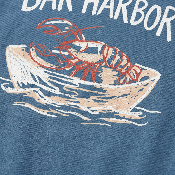 Bar Harbor Blue Jean sweatshirt lobster and rowboat graphic fabric close-up
