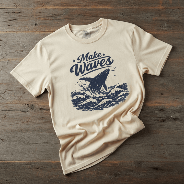 Make Waves ivory garment-dyed whale tee casually tousled on rustic reclaimed wood