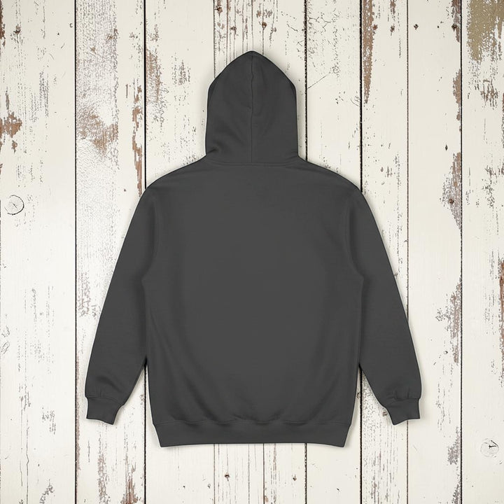 Coastal Vibes Hoodie in Pepper — plain back, warm sand studio background