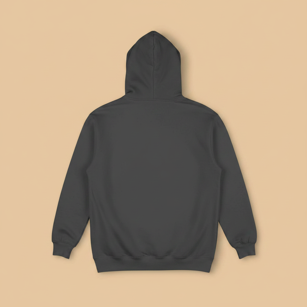 Coastal Vibes Hoodie in Pepper — plain back, warm sand studio background