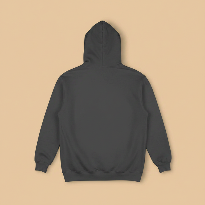 Coastal Vibes Hoodie in Pepper — plain back, warm sand studio background