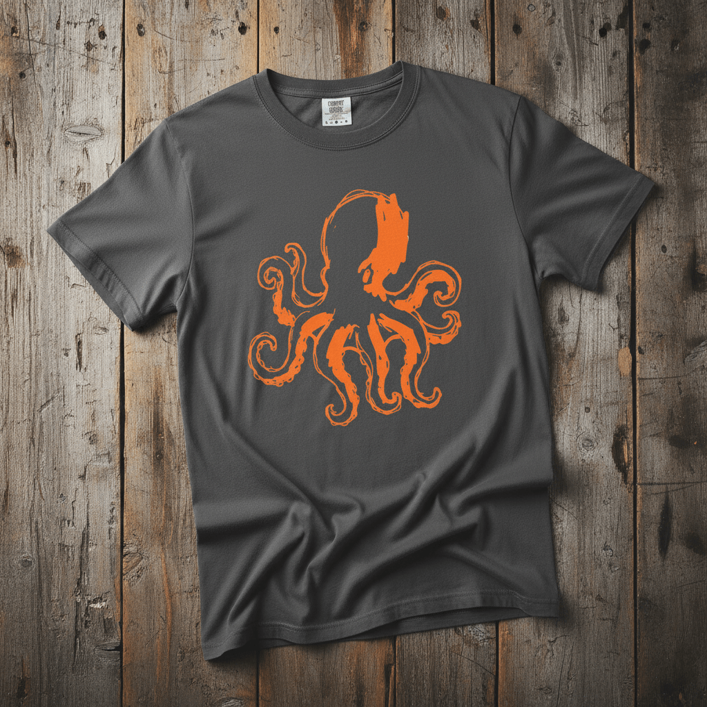Octopus Stenciled graphite garment-dyed tee casually tousled on rustic reclaimed wood