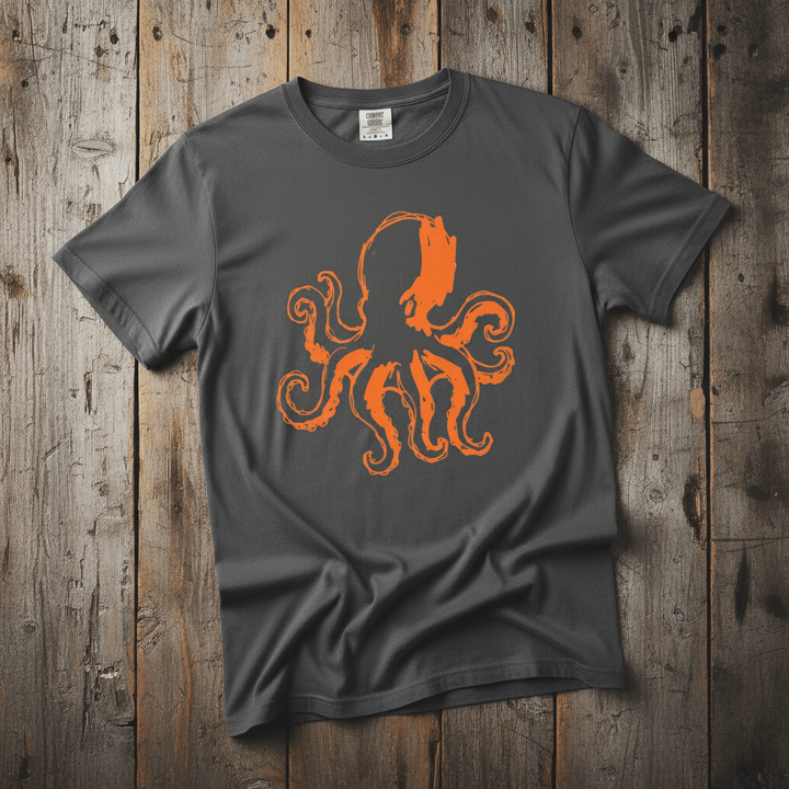 Octopus Stenciled graphite garment-dyed tee casually tousled on rustic reclaimed wood
