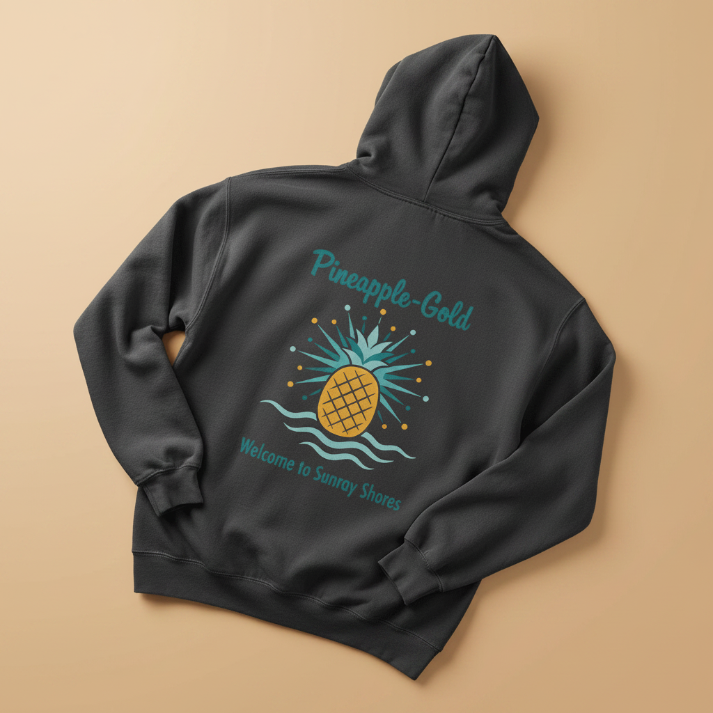 Pineapple-Gold Hoodie in Pepper — flat lay on warm sand studio background