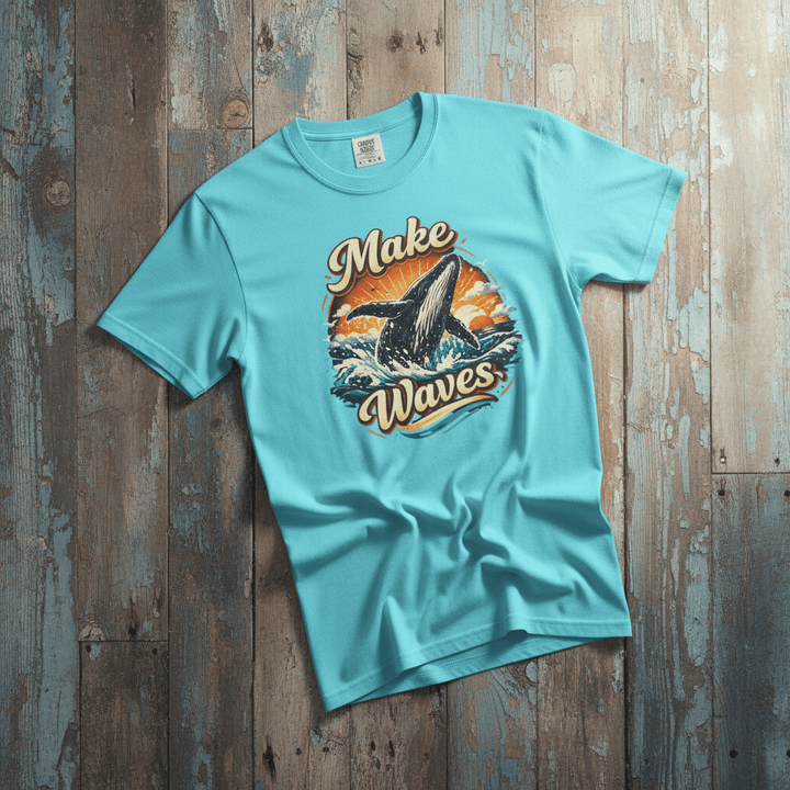 Soak Up the Sun lagoon blue garment-dyed tee casually tousled on rustic reclaimed wood
