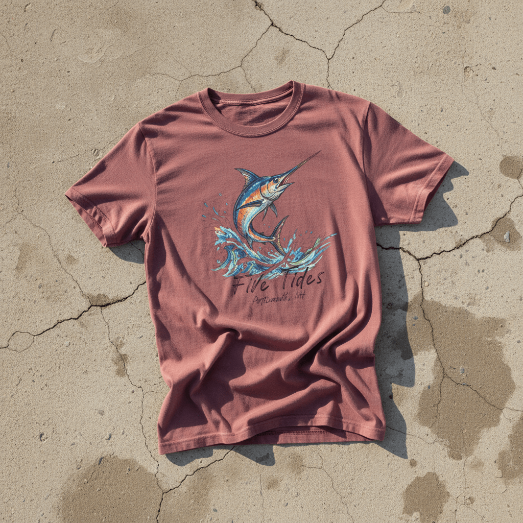 Marlin Surf brick garment-dyed tee on light cracked cement with wet marks
