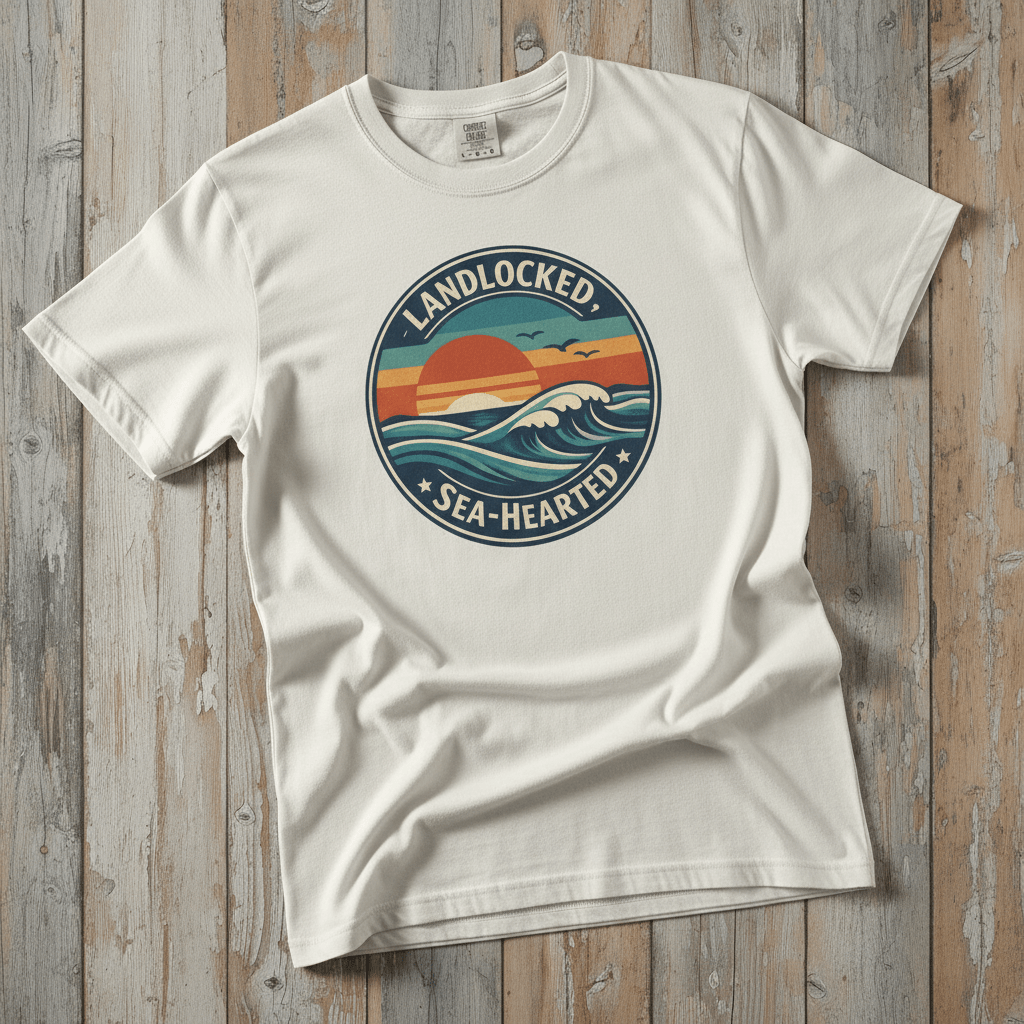 Landlocked Sea-Hearted Sunset white garment-dyed tee on faded driftwood planks