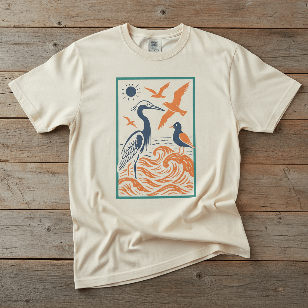 Serene Coastal Nature Scene ivory garment-dyed tee on faded driftwood planks