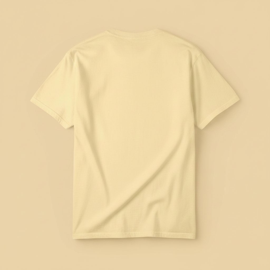 Beach Living Tee in Butter Yellow — plain back, warm sand studio background