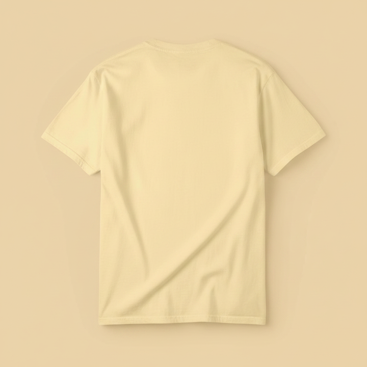 Beach Living Tee in Butter Yellow — plain back, warm sand studio background