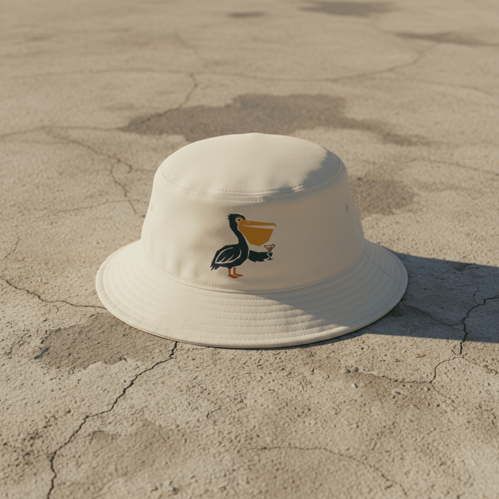 Pelican Cocktail ecru bucket hat on light cracked cement with wet marks