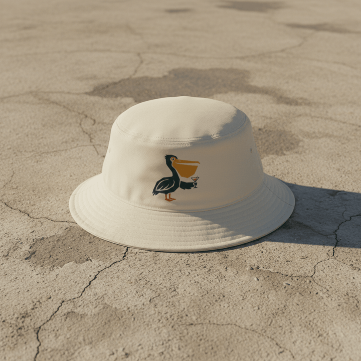 Pelican Cocktail ecru bucket hat on light cracked cement with wet marks