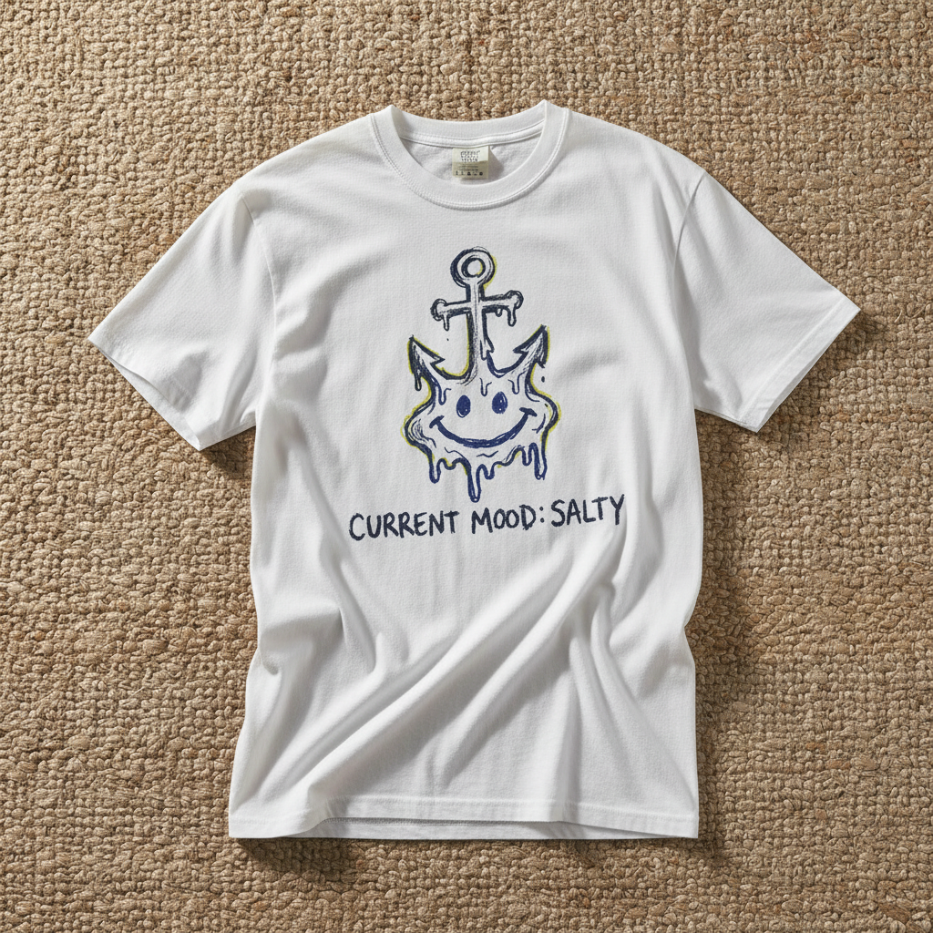 Salty Anchor Current Mood Salty graphic t-shirt in White casually tossed on a light sand-colored woven rug, coastal lifestyle product photo