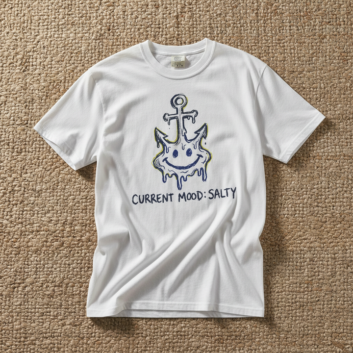 Salty Anchor Current Mood Salty graphic t-shirt in White casually tossed on a light sand-colored woven rug, coastal lifestyle product photo