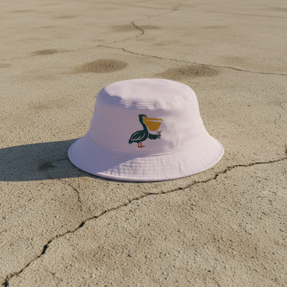 Pelican Cocktail orchid bucket hat on light cracked cement with wet marks