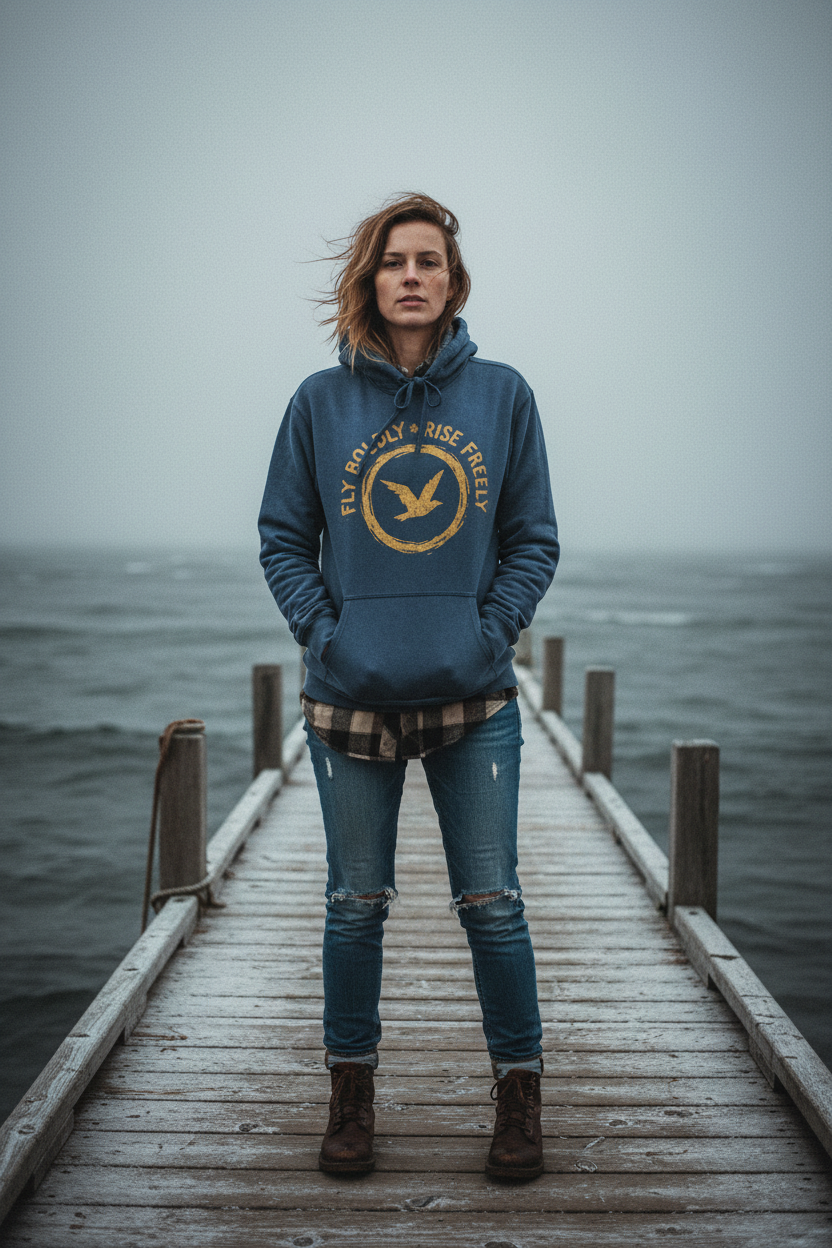 Female model wearing denim blue Fly Boldly hoodie on Maine coastal dock in winter