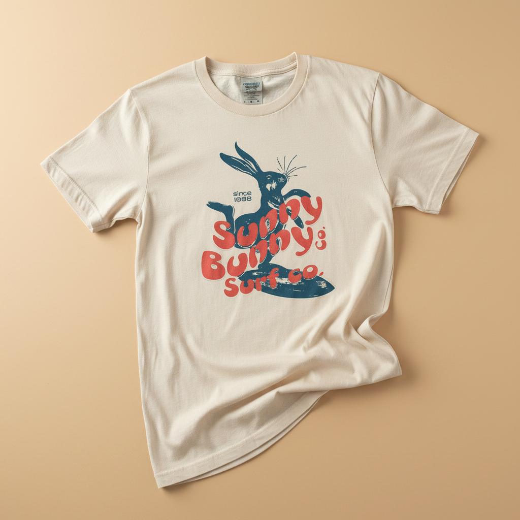 Sunny Bunny Surf Co. Tee in Ivory — front graphic, warm sand studio background