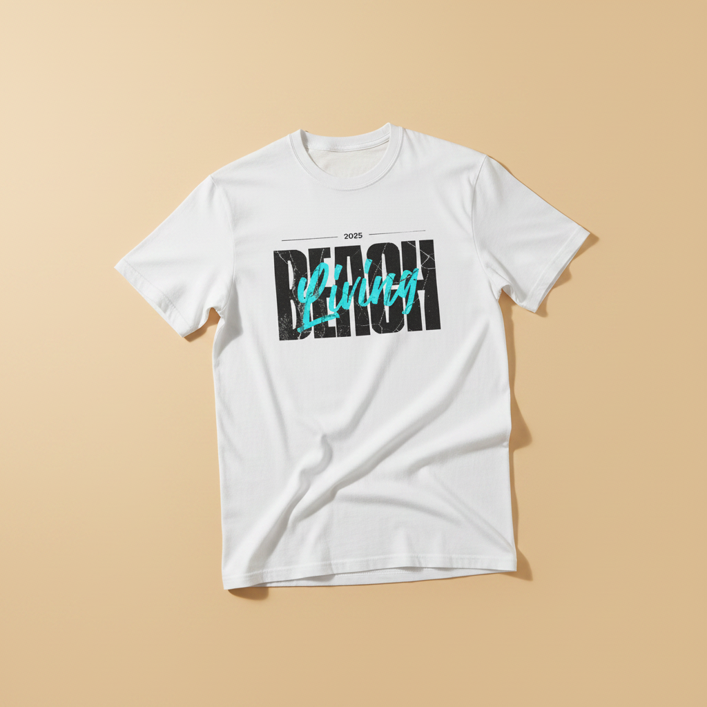 Beach Living Tee in White — front graphic, warm sand studio background