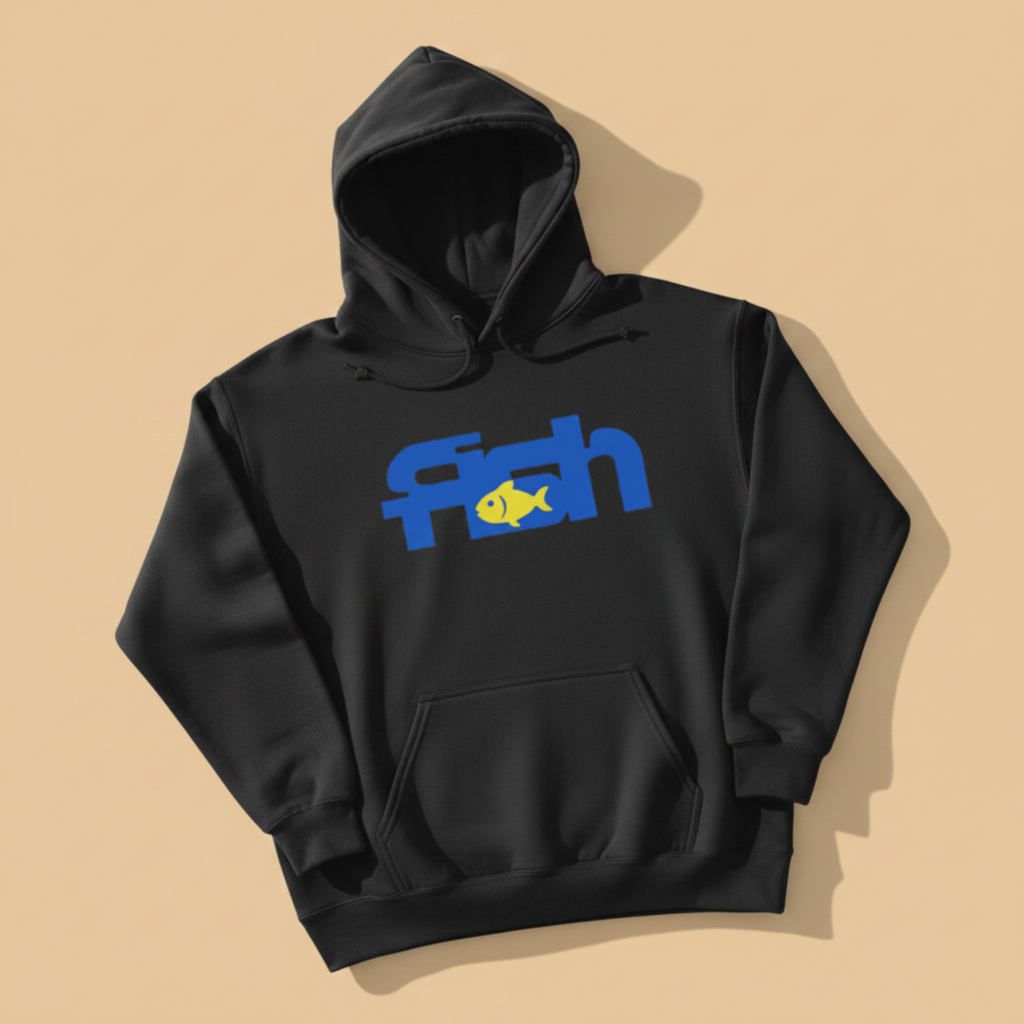 Fish Hoodie in Charcoal — front graphic, warm sand studio background