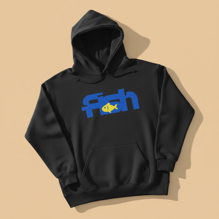 Fish Hoodie in Charcoal — front graphic, warm sand studio background