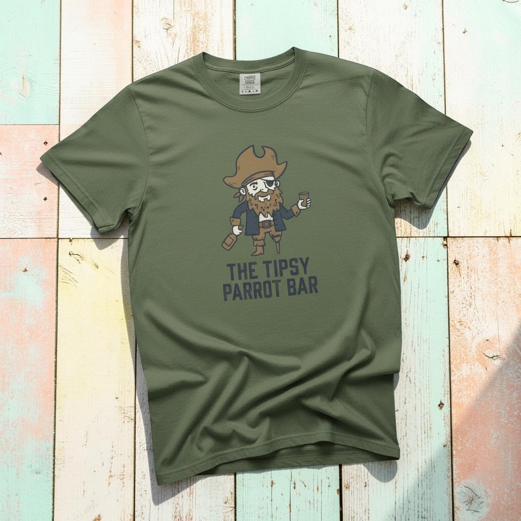 Tipsy Parrot Bar sage garment-dyed tee casually tousled on rustic reclaimed wood